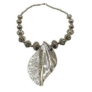 Bold Silver Leaf Pendant Necklace With Textured Beads Lobster Clasp